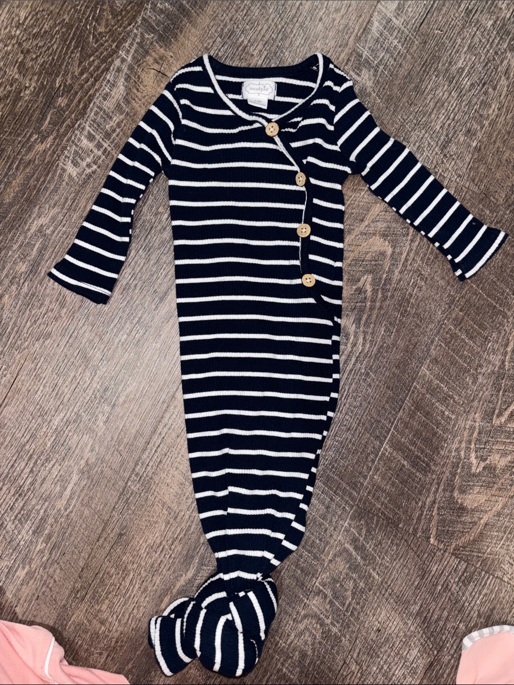 Mud Pie Navy and White Striped Knot Gown with Wooden Buttons